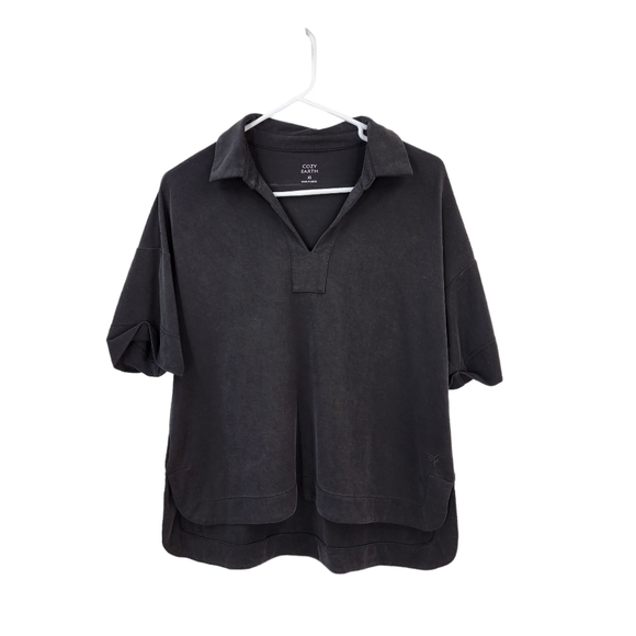 Cozy Earth Women's Cuffed Short Sleeve V-Neck Collared Shirt - XS - Picture 1 of 5